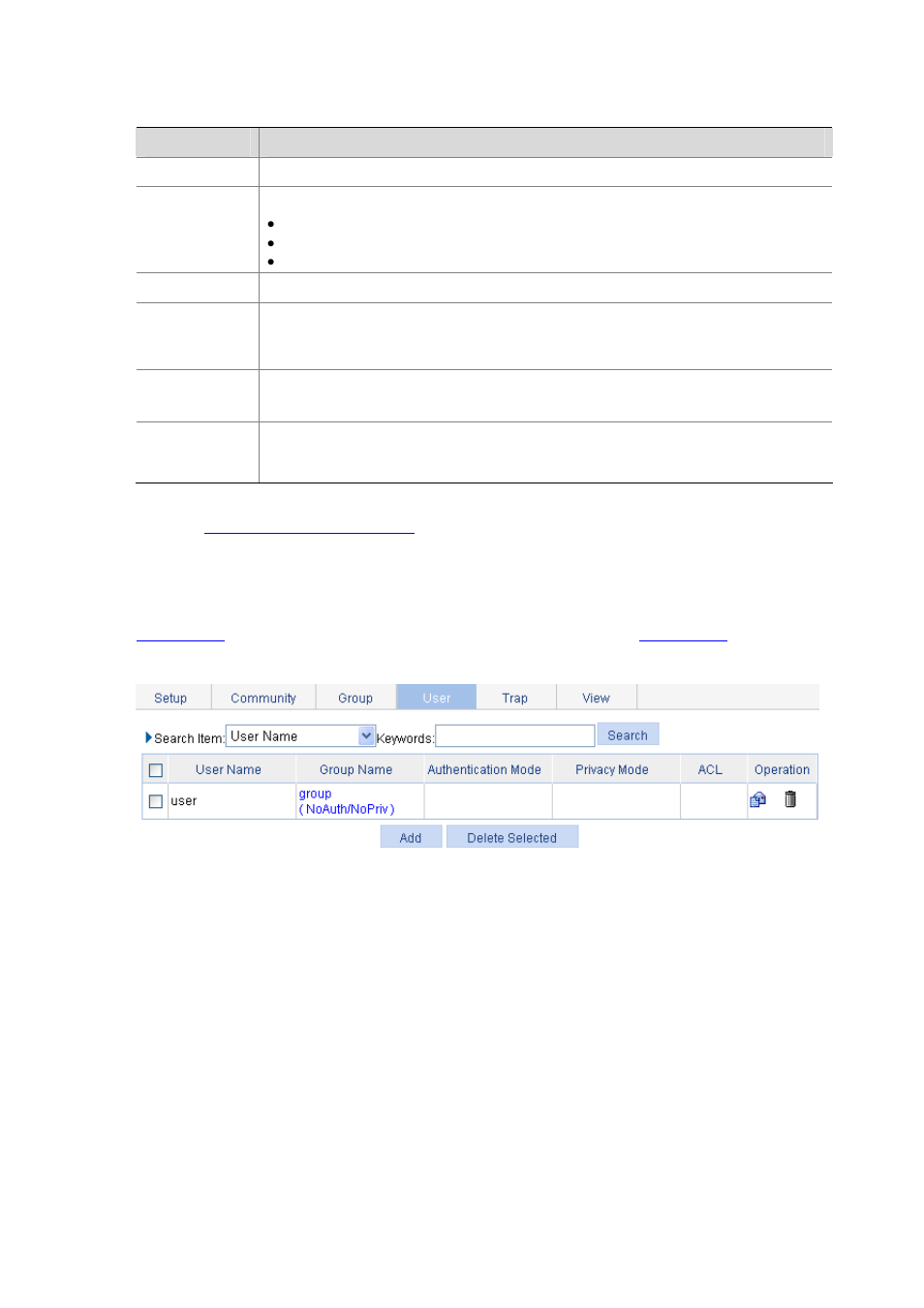 Configuring an snmp user, Table 18-6 | H3C Technologies H3C WX6000 Series Access Controllers User Manual | Page 130 / 613