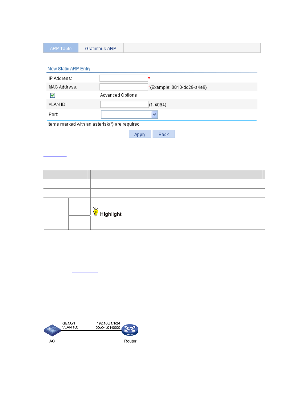 Static arp configuration example, Network requirements, Configuration procedure | Shown in, Figure 22-4 | H3C Technologies H3C WX6000 Series Access Controllers User Manual | Page 162 / 613