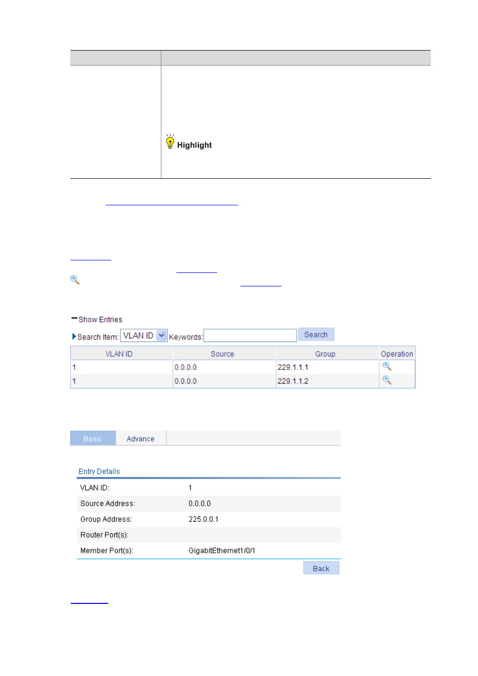 Display igmp snooping multicast entry information | H3C Technologies H3C WX6000 Series Access Controllers User Manual | Page 181 / 613