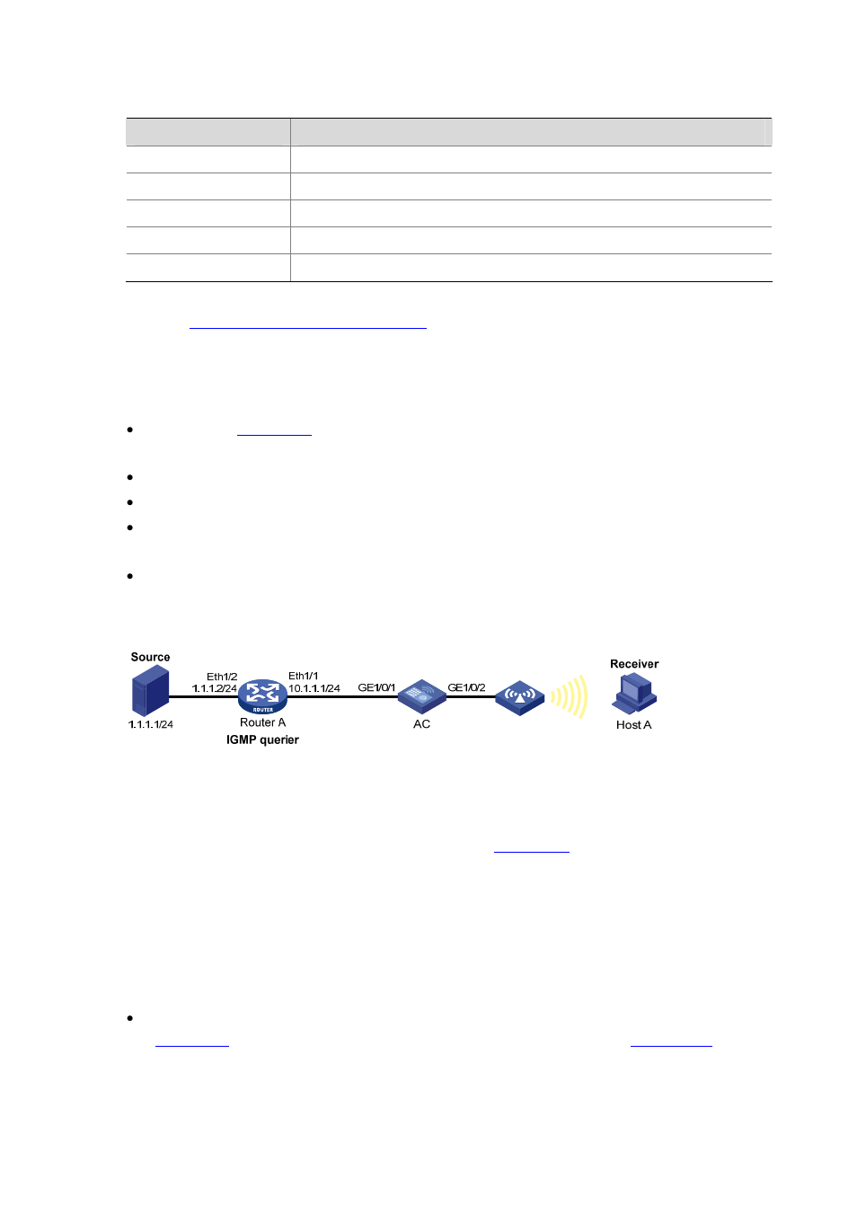 Igmp snooping configuration examples, Network requirements, Configuration procedure | Igmp snooping configuration examples -10, Table 24-5 | H3C Technologies H3C WX6000 Series Access Controllers User Manual | Page 182 / 613