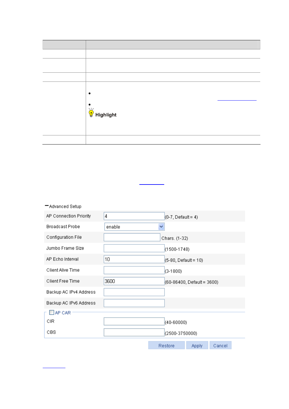 Advanced setting, Table 30-2 | H3C Technologies H3C WX6000 Series Access Controllers User Manual | Page 250 / 613
