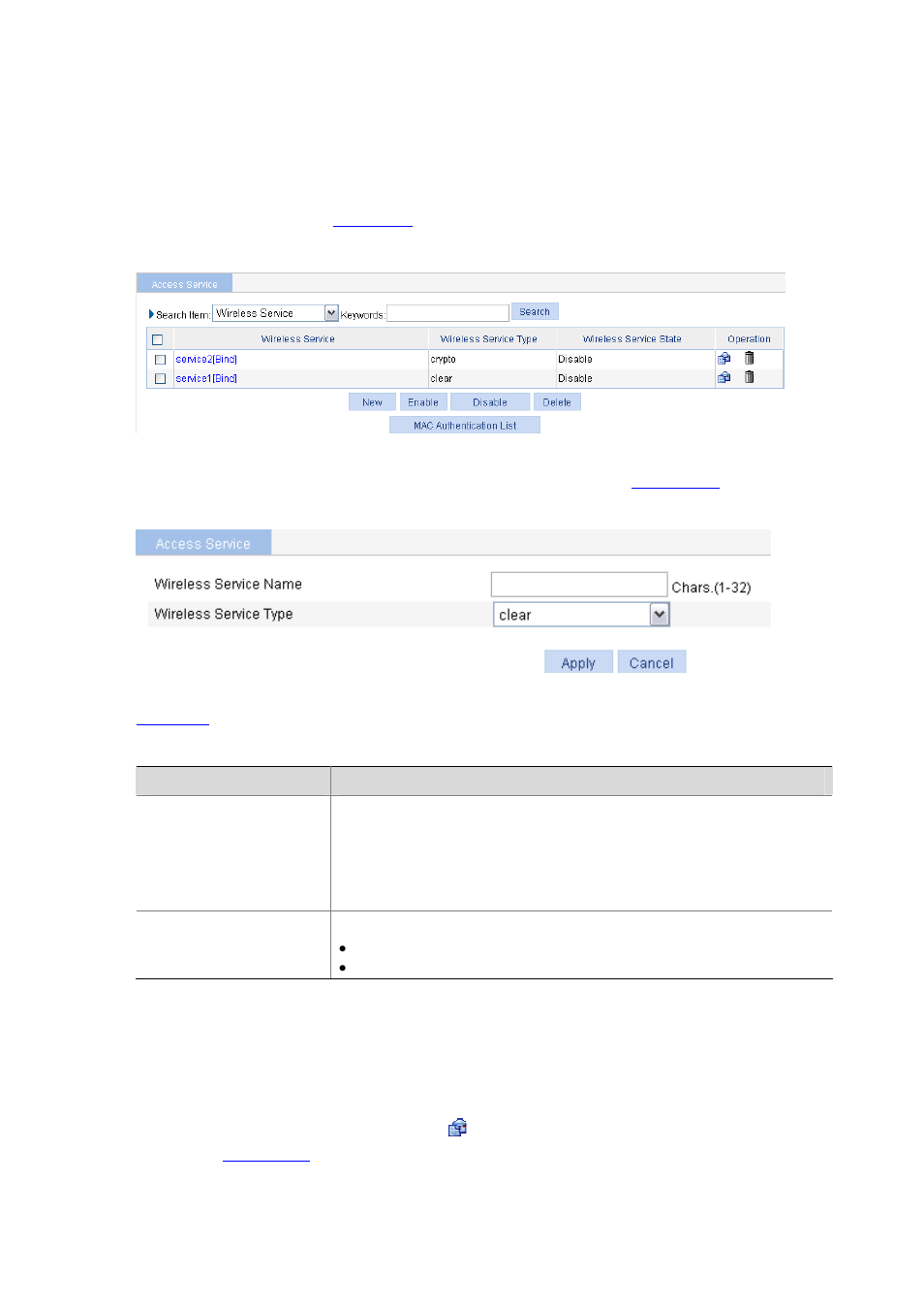 Configuring access service, Creating a wlan service, Configuring clear type wireless service | Basic configuration of clear type wireless service, Configuring clear type wireless service -9 | H3C Technologies H3C WX6000 Series Access Controllers User Manual | Page 263 / 613