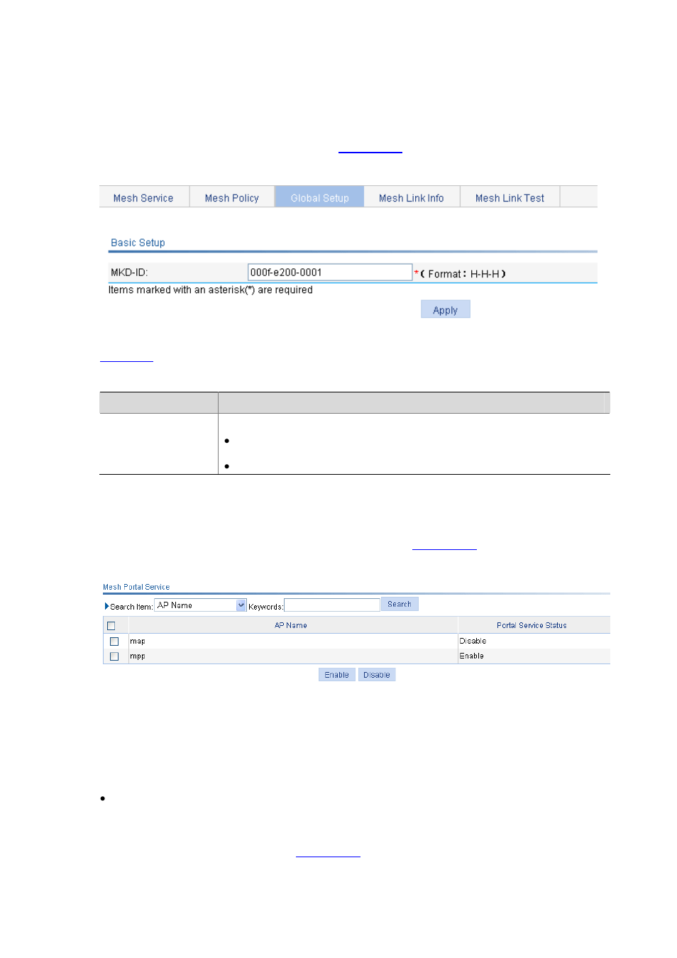 Mesh global setup, Mesh basic setup, Enabling mesh portal service | Configuring a working channel, Configuring a working channel -17 | H3C Technologies H3C WX6000 Series Access Controllers User Manual | Page 326 / 613