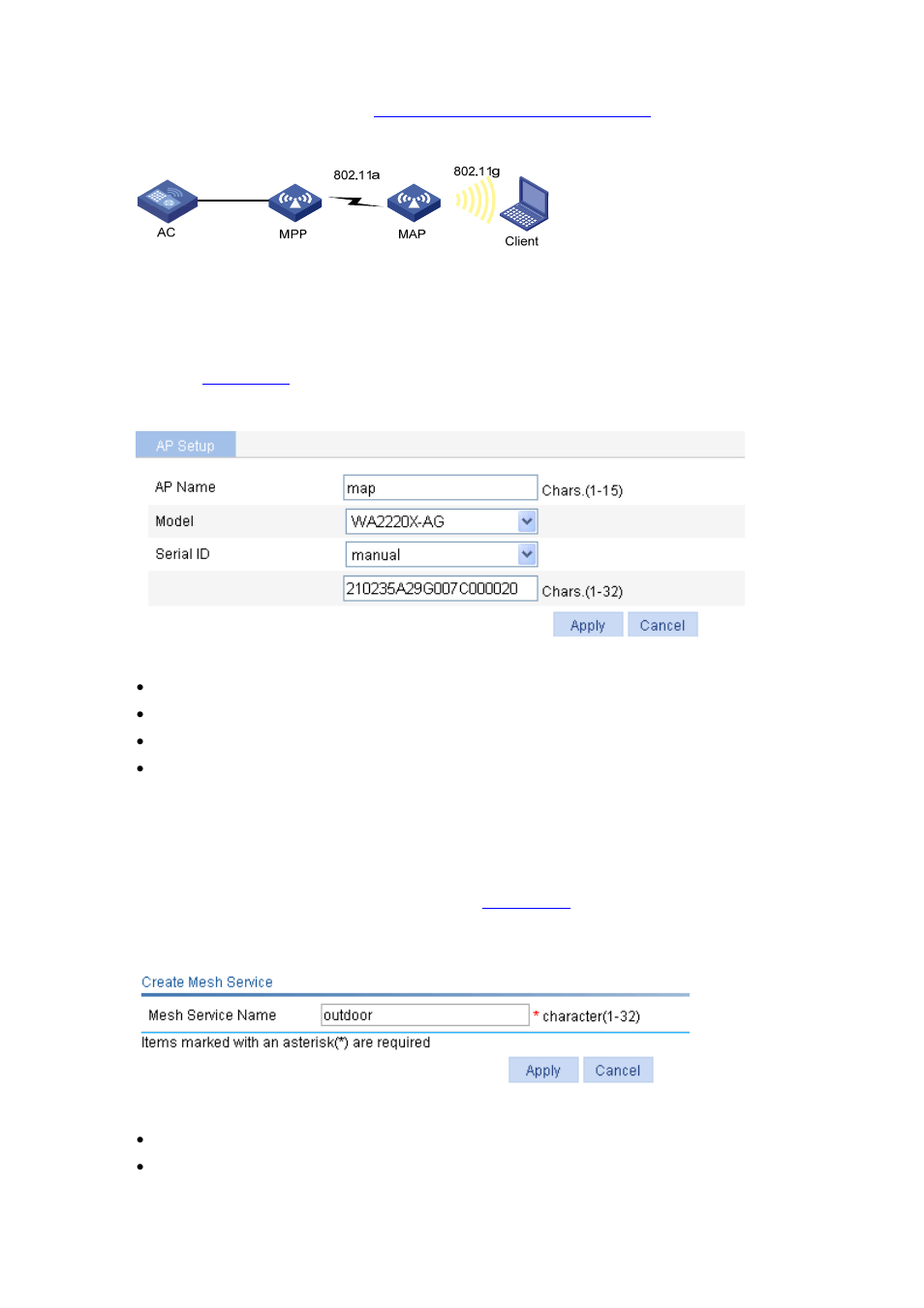 Configuration procedure, Ation, refer to, Configure map and mpp | Configure mesh service | H3C Technologies H3C WX6000 Series Access Controllers User Manual | Page 330 / 613