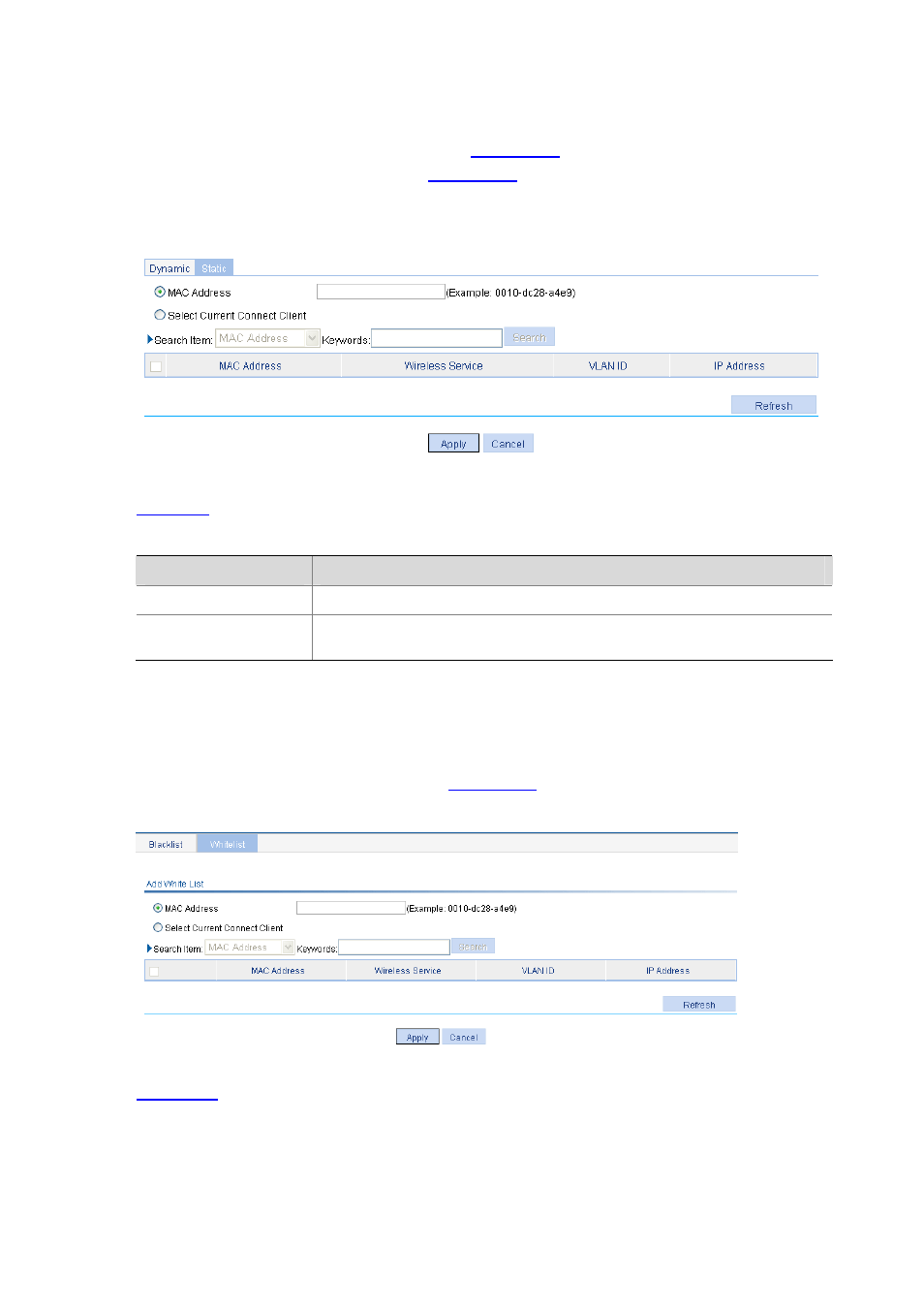 Configuring static blacklist, Configuring white list | H3C Technologies H3C WX6000 Series Access Controllers User Manual | Page 502 / 613