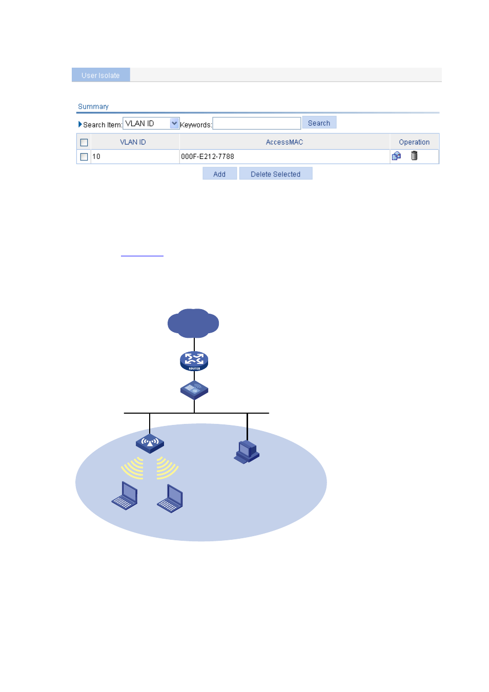 User isolation configuration example, Network requirements, Configuration procedure | Figure 44-3 | H3C Technologies H3C WX6000 Series Access Controllers User Manual | Page 511 / 613