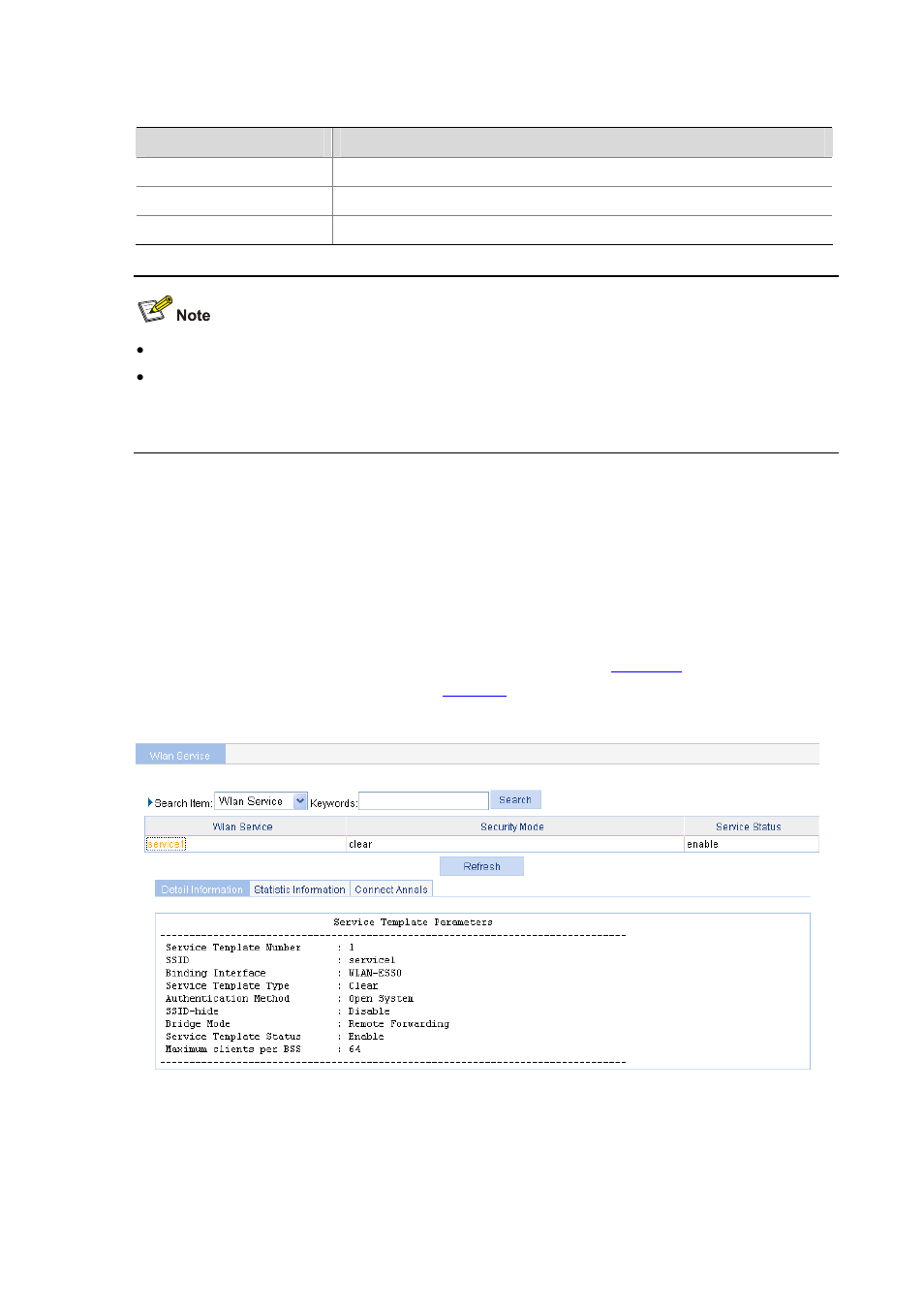 Displaying wlan service, Displaying detailed information of wlan service, Displaying detailed information of wlan service -4 | Table 7-4 | H3C Technologies H3C WX6000 Series Access Controllers User Manual | Page 65 / 613