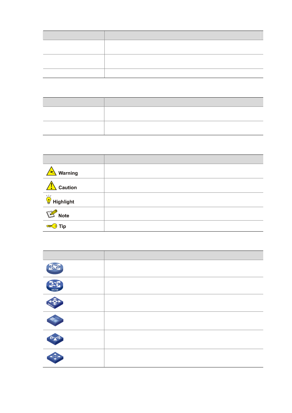 Gui conventions, Symbols, Network topology icons | H3C Technologies H3C WX6000 Series Access Controllers User Manual | Page 4 / 179