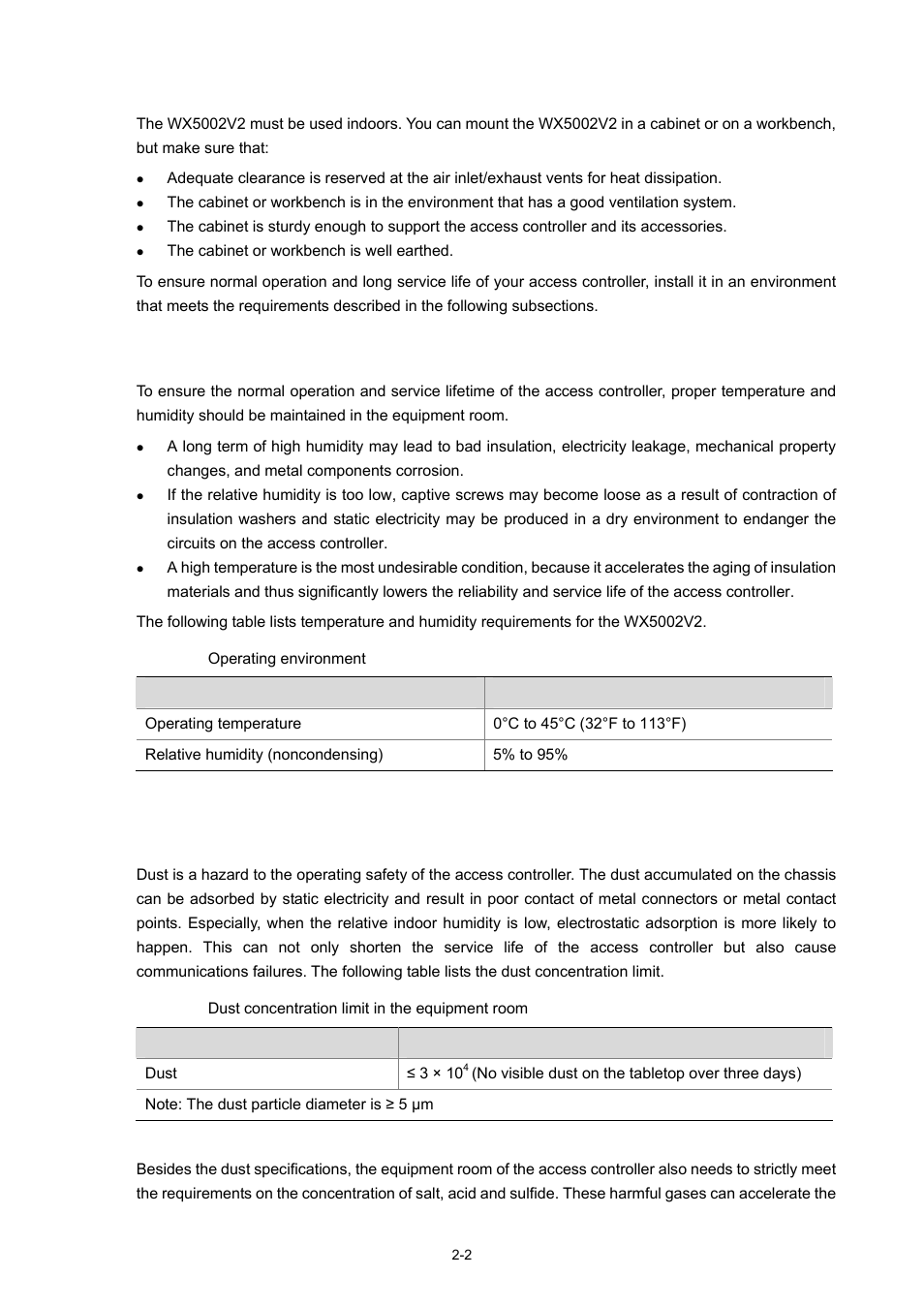 Installation site checking, Requirements on temperature and humidity, Requirements on cleanness | H3C Technologies H3C WX5000 Series Access Controllers User Manual | Page 17 / 85