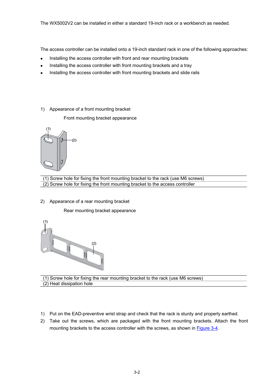 Mounting bracket structure, Installation procedure | H3C Technologies H3C WX5000 Series Access Controllers User Manual | Page 22 / 85