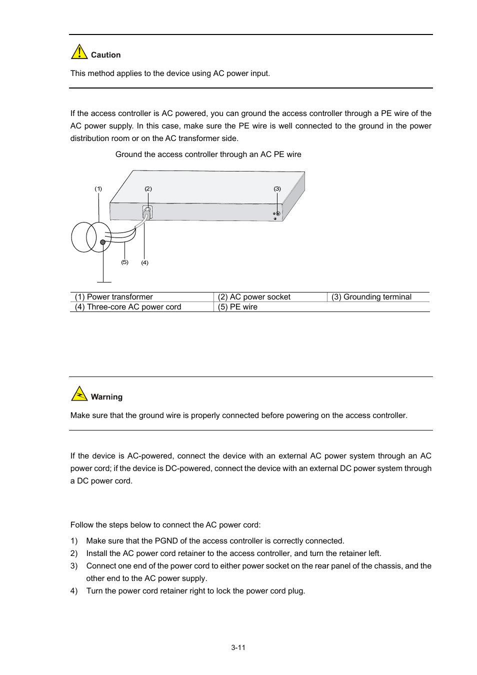 Connecting the power cord, Connecting the ac power cord | H3C Technologies H3C WX5000 Series Access Controllers User Manual | Page 31 / 85