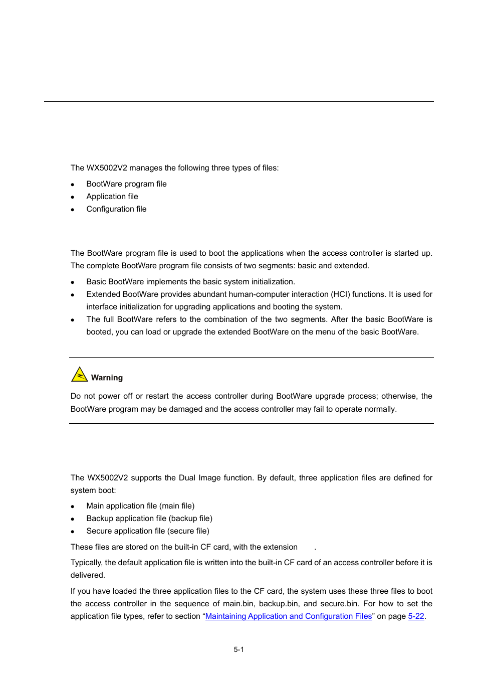 5 software maintenance, Overview, Files managed by the access controller | Bootware program file, Application files, 1 application files, Software maintenance | H3C Technologies H3C WX5000 Series Access Controllers User Manual | Page 41 / 85