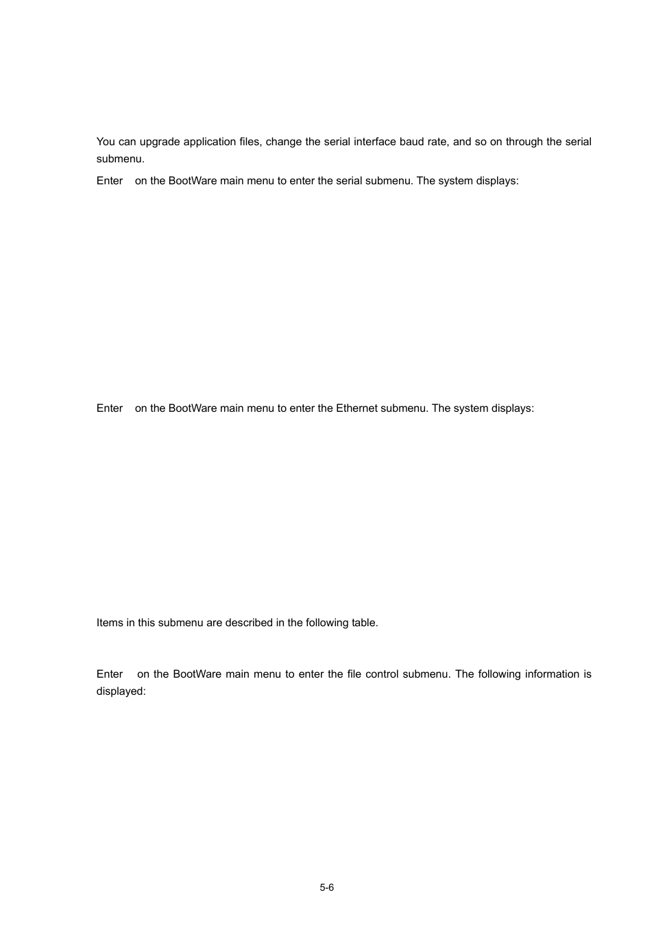 Bootware submenus, Serial submenu, Ethernet submenu | File control submenu | H3C Technologies H3C WX5000 Series Access Controllers User Manual | Page 46 / 85