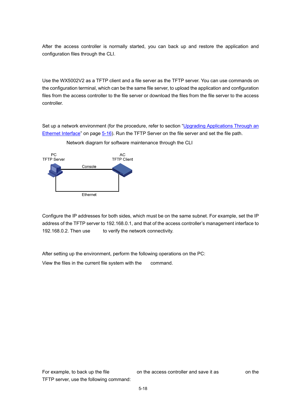 Maintaining the access controller through tftp, Setting up a configuration environment, Maintaining the access controller through tftp -18 | H3C Technologies H3C WX5000 Series Access Controllers User Manual | Page 58 / 85