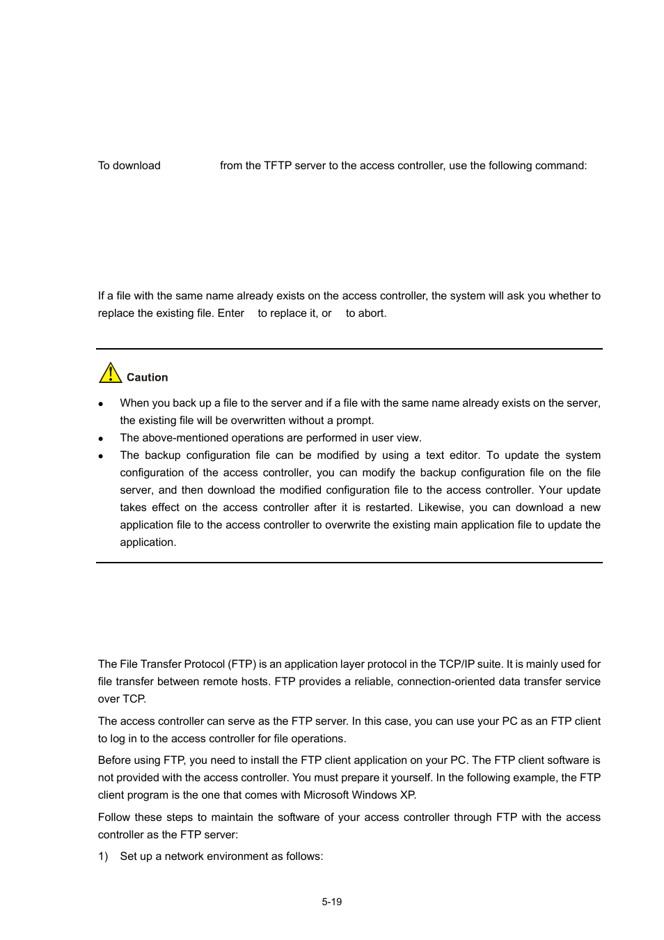 Maintaining the access controller through ftp, The access controller as the ftp server, Maintaining the access controller through ftp -19 | H3C Technologies H3C WX5000 Series Access Controllers User Manual | Page 59 / 85