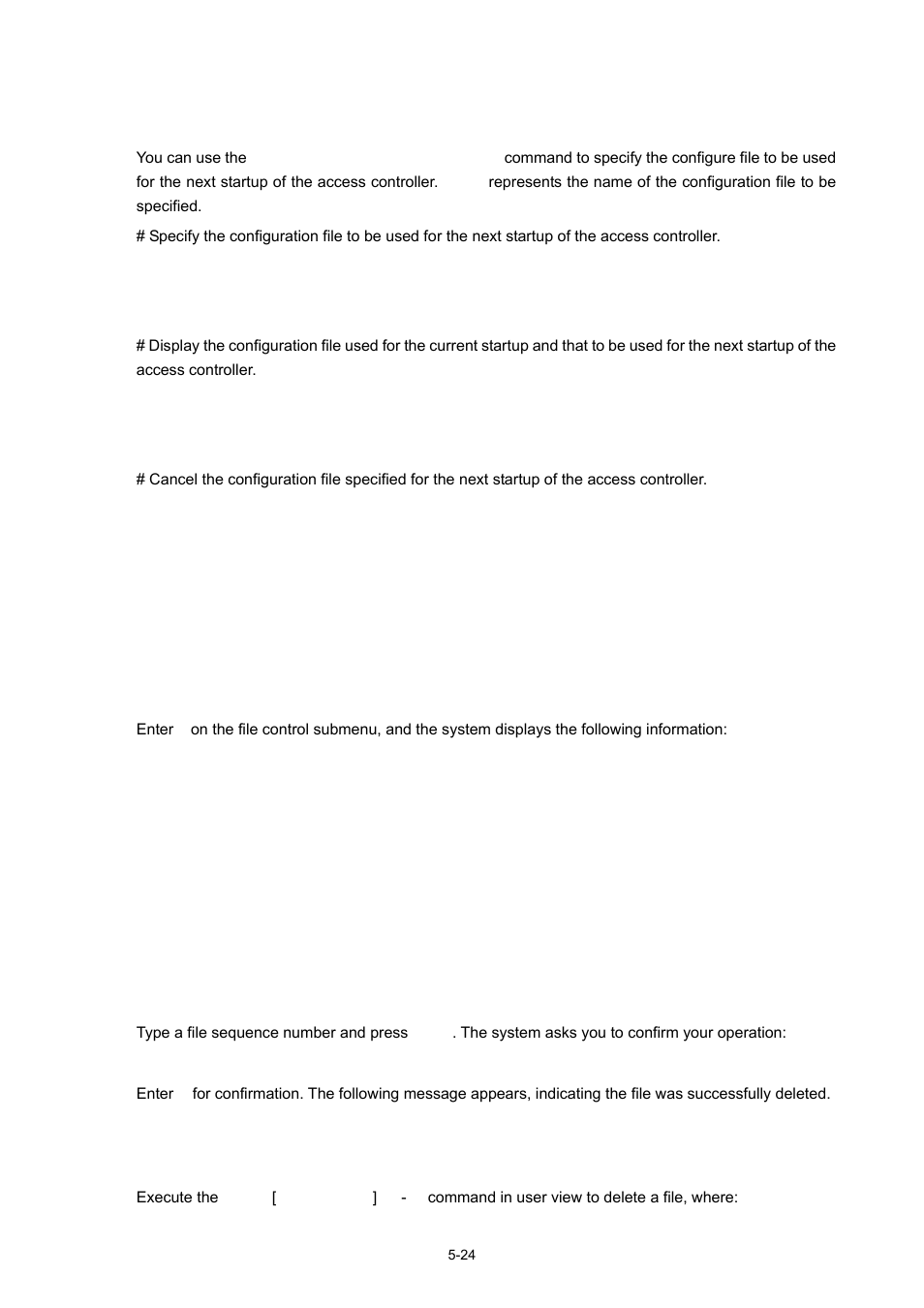 Specifying a startup configuration file, Using the cli, Delete a file | Using the bootware menu, 24 delete a file | H3C Technologies H3C WX5000 Series Access Controllers User Manual | Page 64 / 85