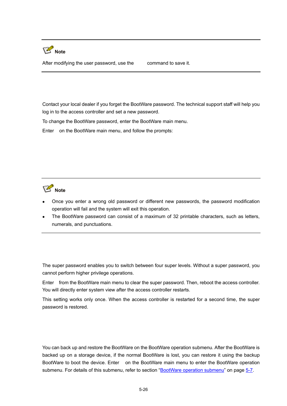 Bootware password loss, Super password loss, Backing up and restoring the bootware | Using the bootware menu, 26 super password loss | H3C Technologies H3C WX5000 Series Access Controllers User Manual | Page 66 / 85