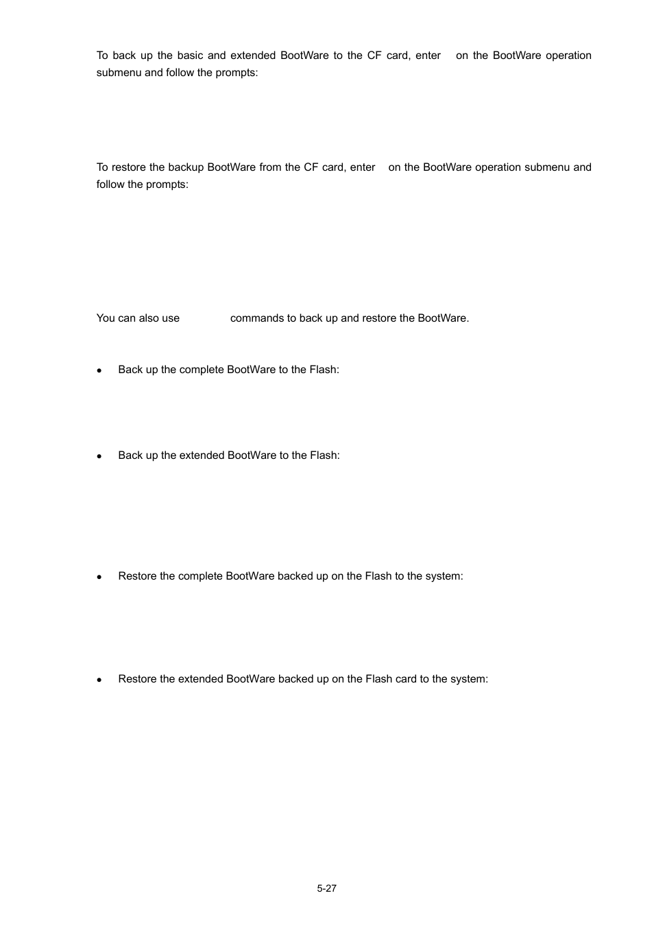 Using the cli, Backing up the bootware, Restoring the bootware | H3C Technologies H3C WX5000 Series Access Controllers User Manual | Page 67 / 85