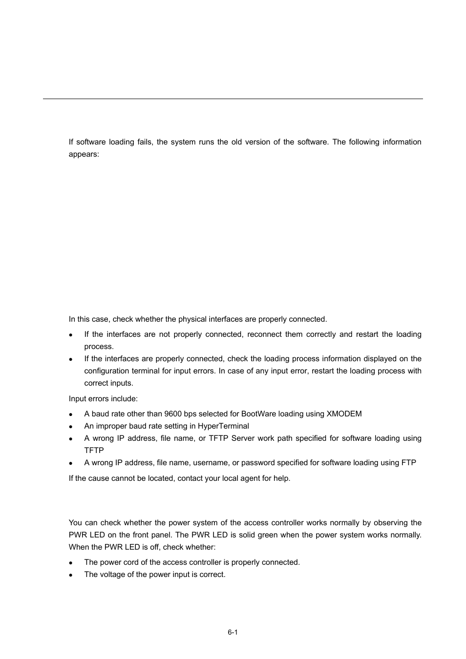 6 troubleshooting, Software loading failure, Power supply failure | 1 power supply failure, Troubleshooting | H3C Technologies H3C WX5000 Series Access Controllers User Manual | Page 68 / 85