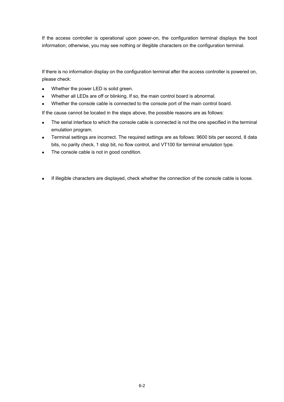 Configuration system failure, No display on the terminal, Illegible characters on the terminal | 2 illegible characters on the terminal | H3C Technologies H3C WX5000 Series Access Controllers User Manual | Page 69 / 85