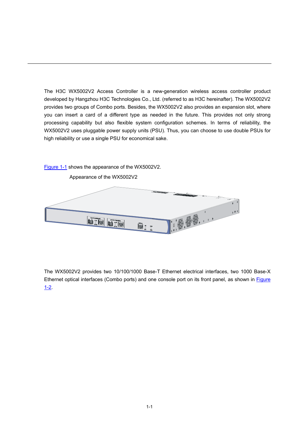 1 access controller overview, Introduction, Appearance | Front panel, 1 appearance, Access controller overview | H3C Technologies H3C WX5000 Series Access Controllers User Manual | Page 7 / 85