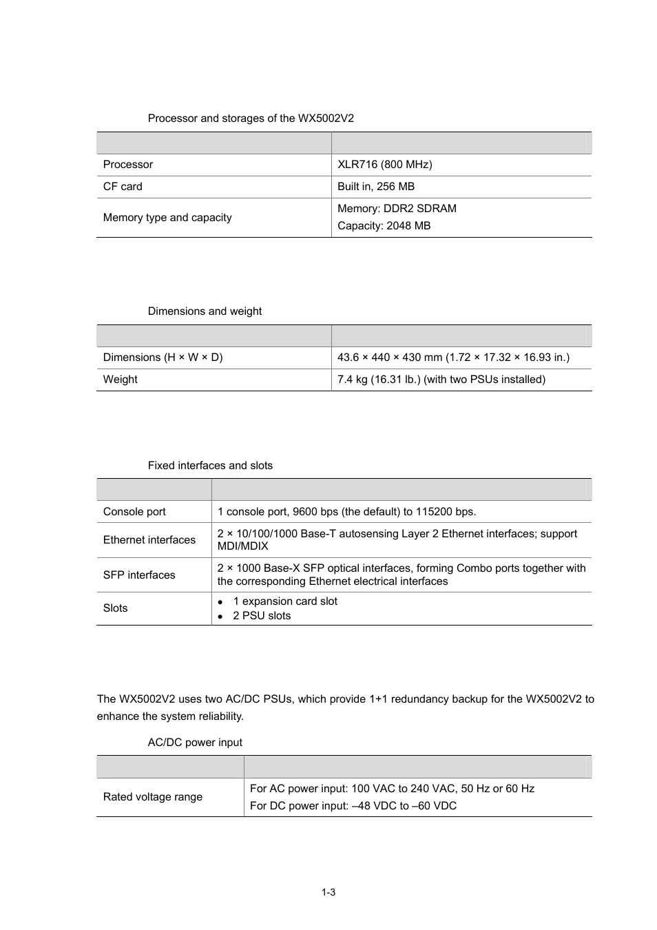 Specifications, Processor and storages, Dimensions and weight | Fixed interfaces and slots, Power input, 3 dimensions and weight, 3 fixed interfaces and slots, 3 power input | H3C Technologies H3C WX5000 Series Access Controllers User Manual | Page 9 / 85