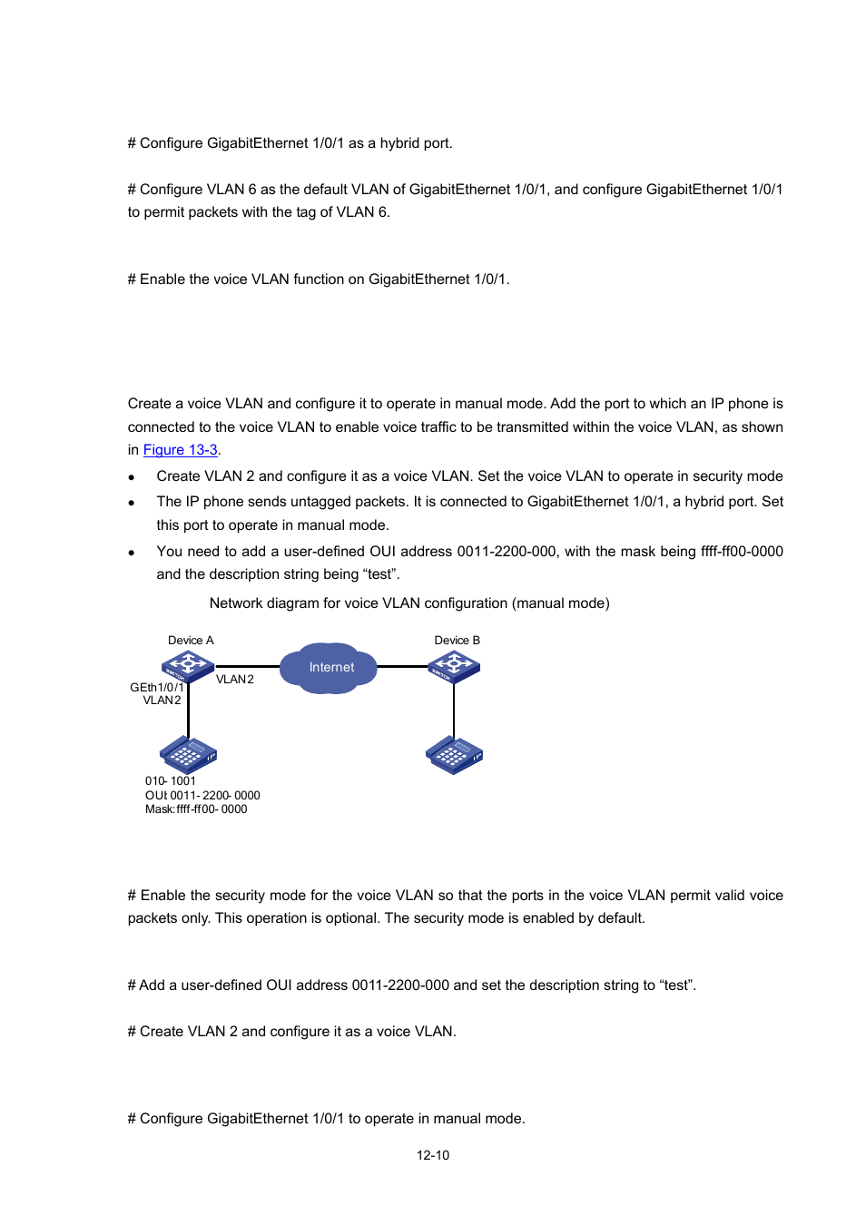 Voice vlan configuration example (manual mode), Network requirements, Configuration procedure | Voice vlan configuration example (manual mode) -10 | H3C Technologies H3C WX3000 Series Unified Switches User Manual | Page 105 / 686