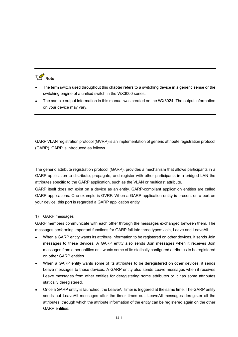 14 gvrp configuration, Introduction to gvrp, Garp | Garp messages and timers, Gvrp configuration | H3C Technologies H3C WX3000 Series Unified Switches User Manual | Page 107 / 686