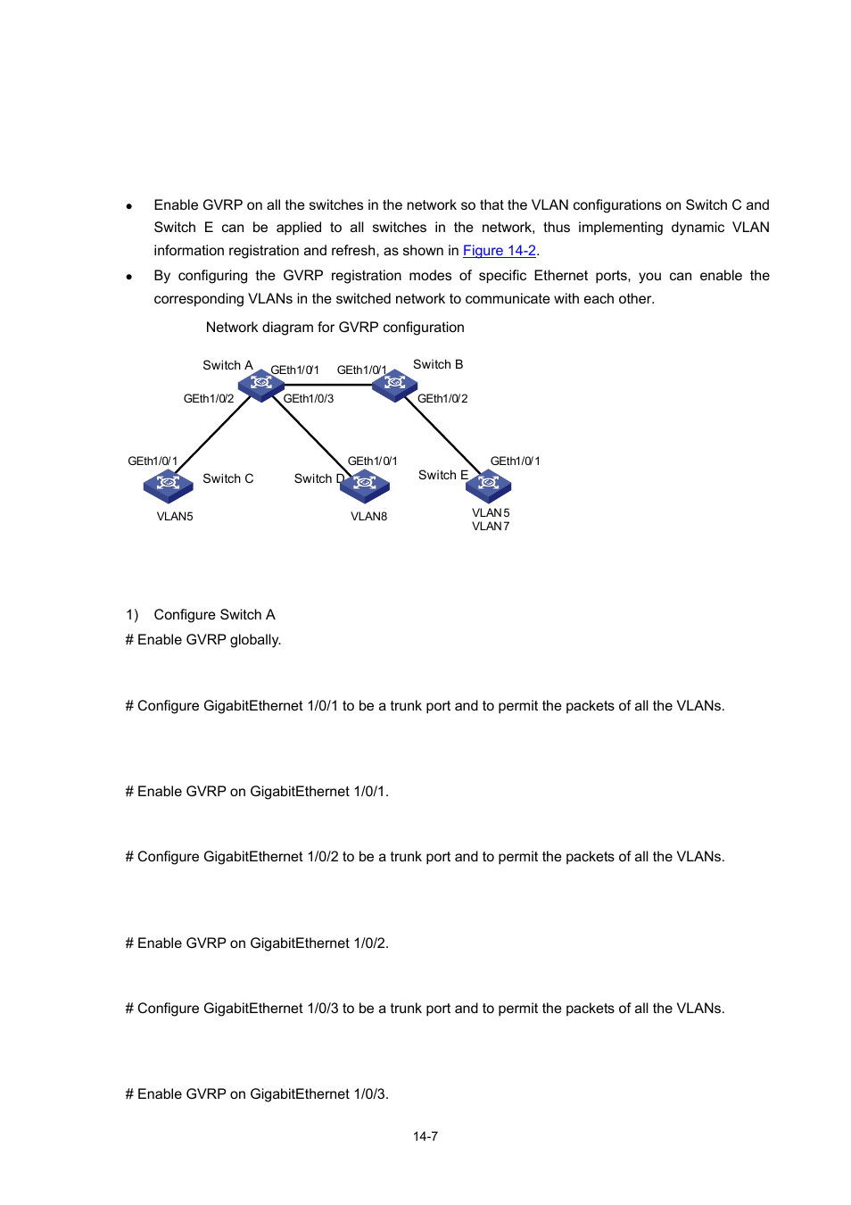 Gvrp configuration example, Network requirements, Configuration procedure | H3C Technologies H3C WX3000 Series Unified Switches User Manual | Page 113 / 686