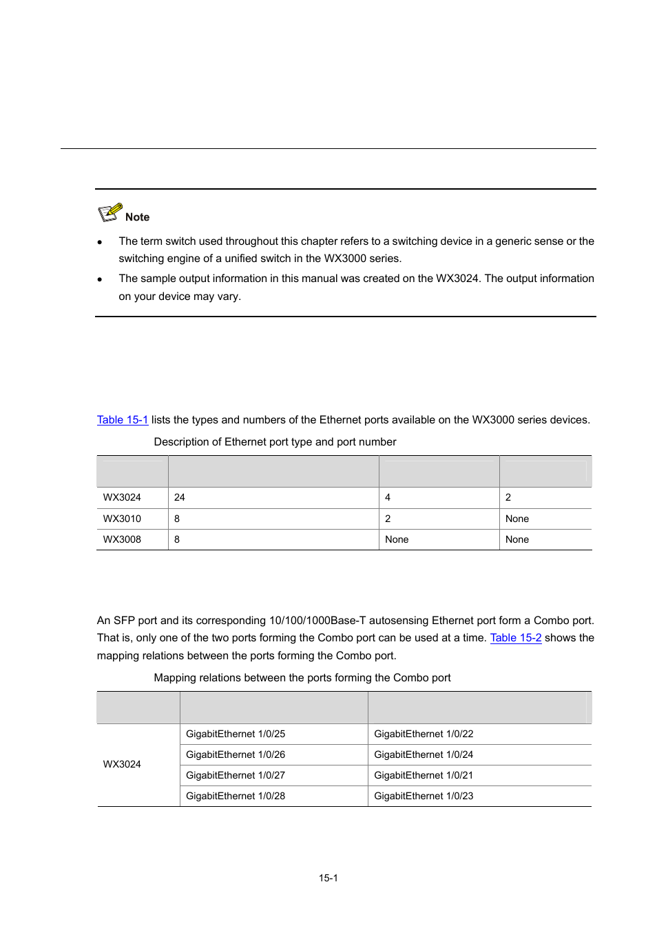 15 basic port configuration, Ethernet port overview, Types and numbers of ethernet ports | Combo ports mapping relations, Basic port configuration | H3C Technologies H3C WX3000 Series Unified Switches User Manual | Page 116 / 686