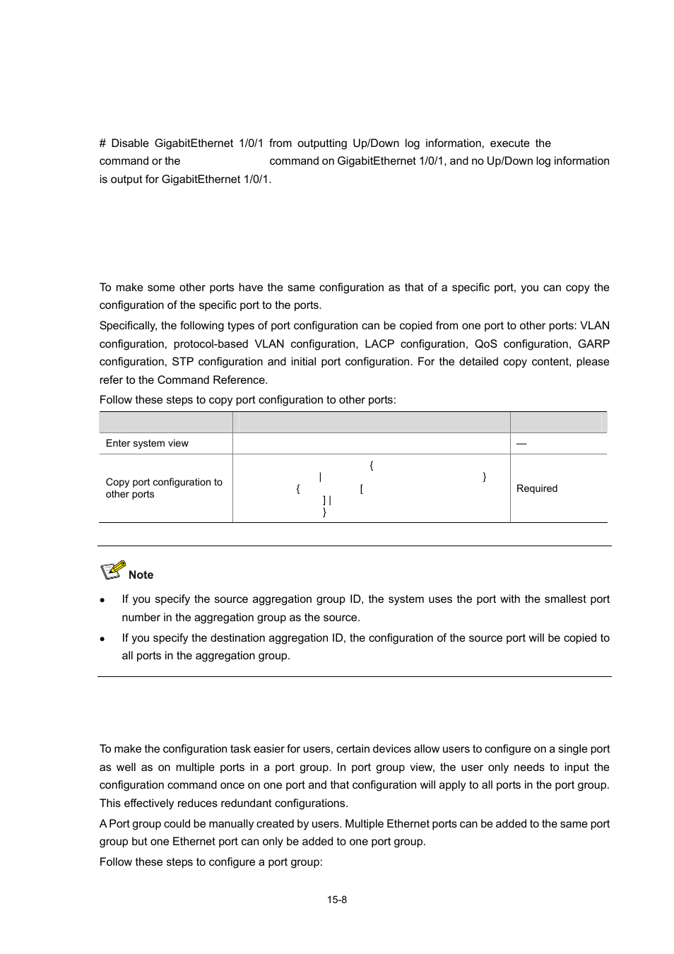 Copying port configuration to other ports, Configuring a port group | H3C Technologies H3C WX3000 Series Unified Switches User Manual | Page 123 / 686