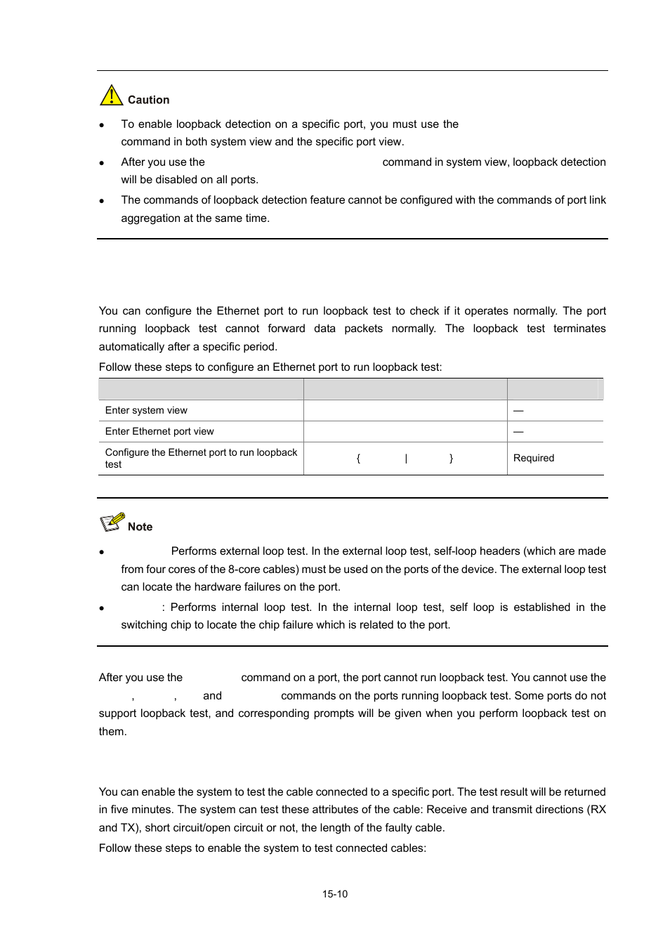 Configuring the ethernet port to run loopback test, Enabling the system to test connected cable | H3C Technologies H3C WX3000 Series Unified Switches User Manual | Page 125 / 686