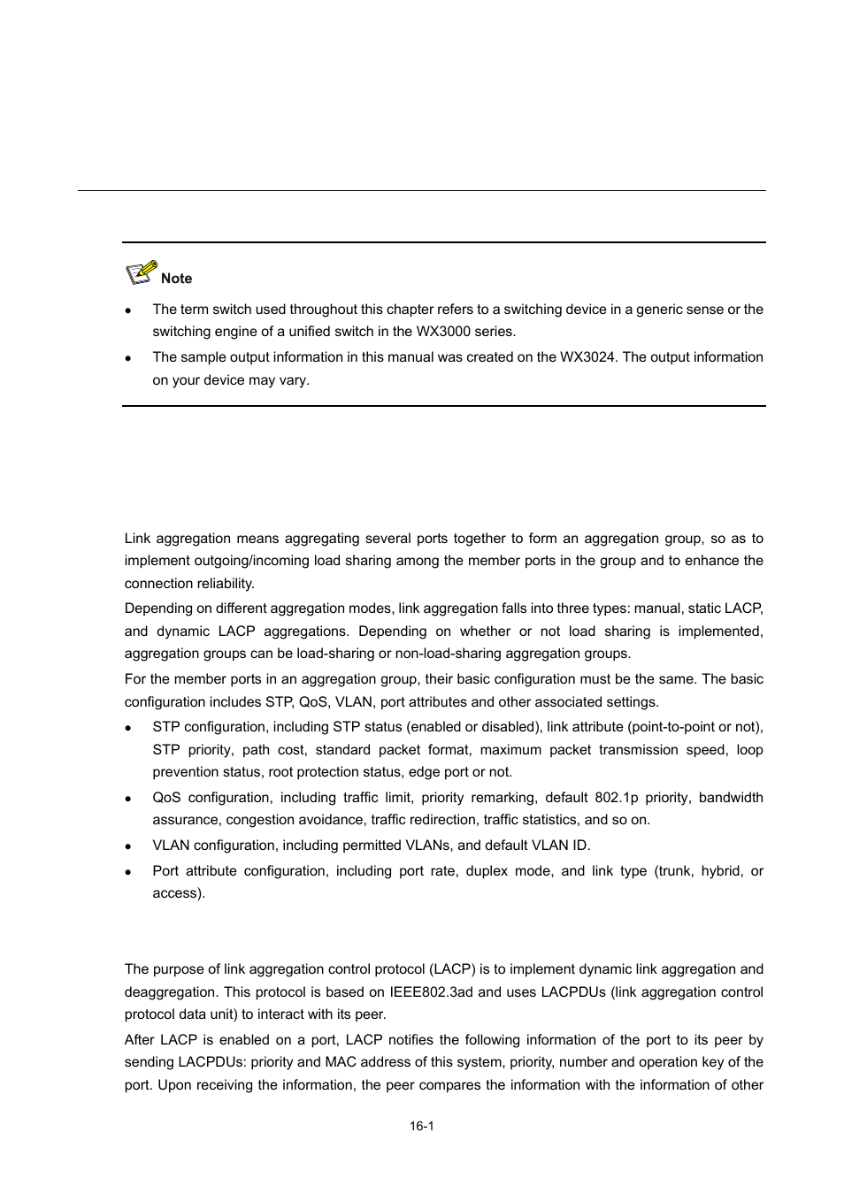 16 link aggregation configuration, Overview, Introduction to link aggregation | Introduction to lacp, Link aggregation configuration | H3C Technologies H3C WX3000 Series Unified Switches User Manual | Page 129 / 686