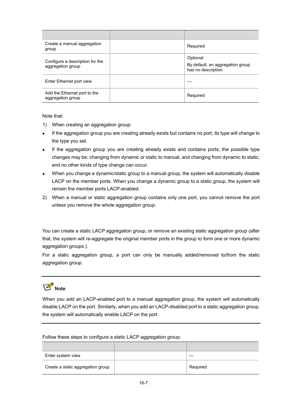 Configuring a static lacp aggregation group, Configuring a static lacp aggregation group -7 | H3C Technologies H3C WX3000 Series Unified Switches User Manual | Page 135 / 686