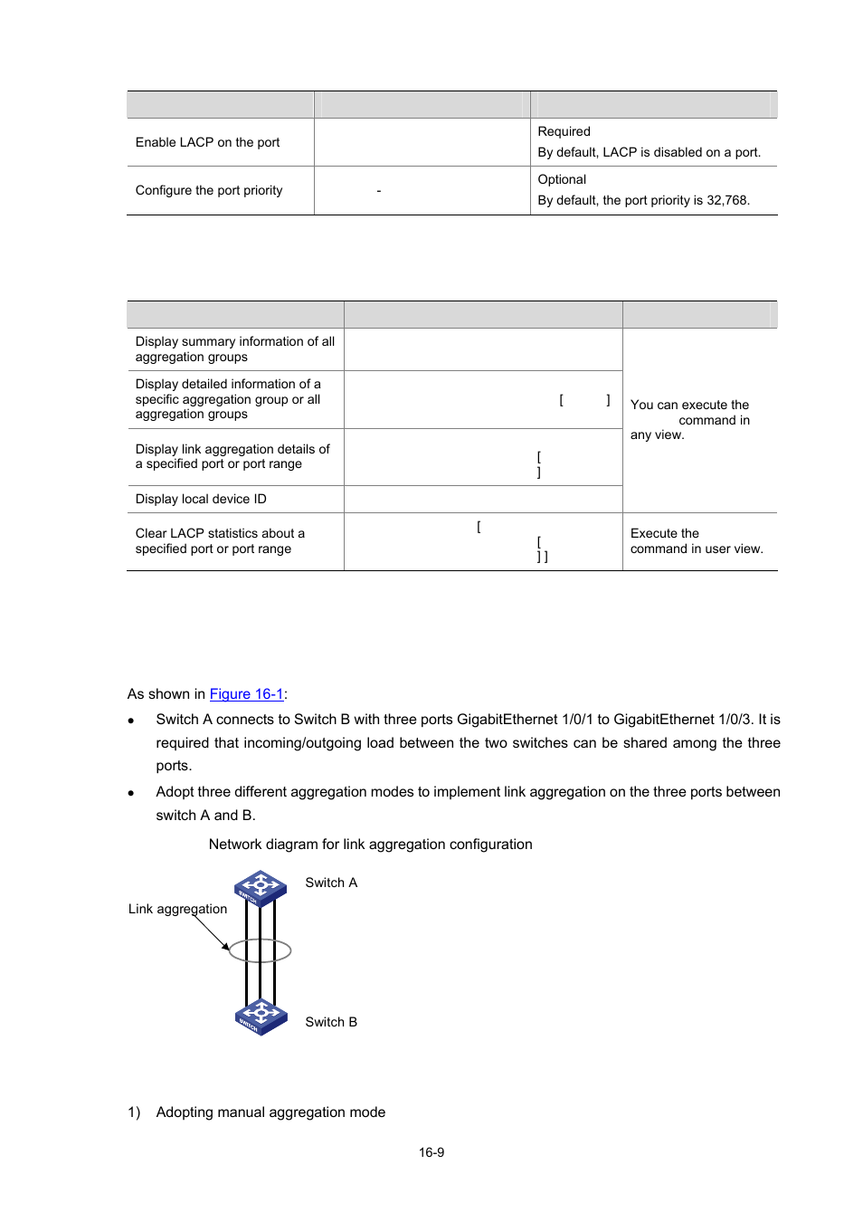 Displaying and maintaining link aggregation, Link aggregation configuration example, Network requirements | Configuration procedure, 9 link aggregation configuration example | H3C Technologies H3C WX3000 Series Unified Switches User Manual | Page 137 / 686