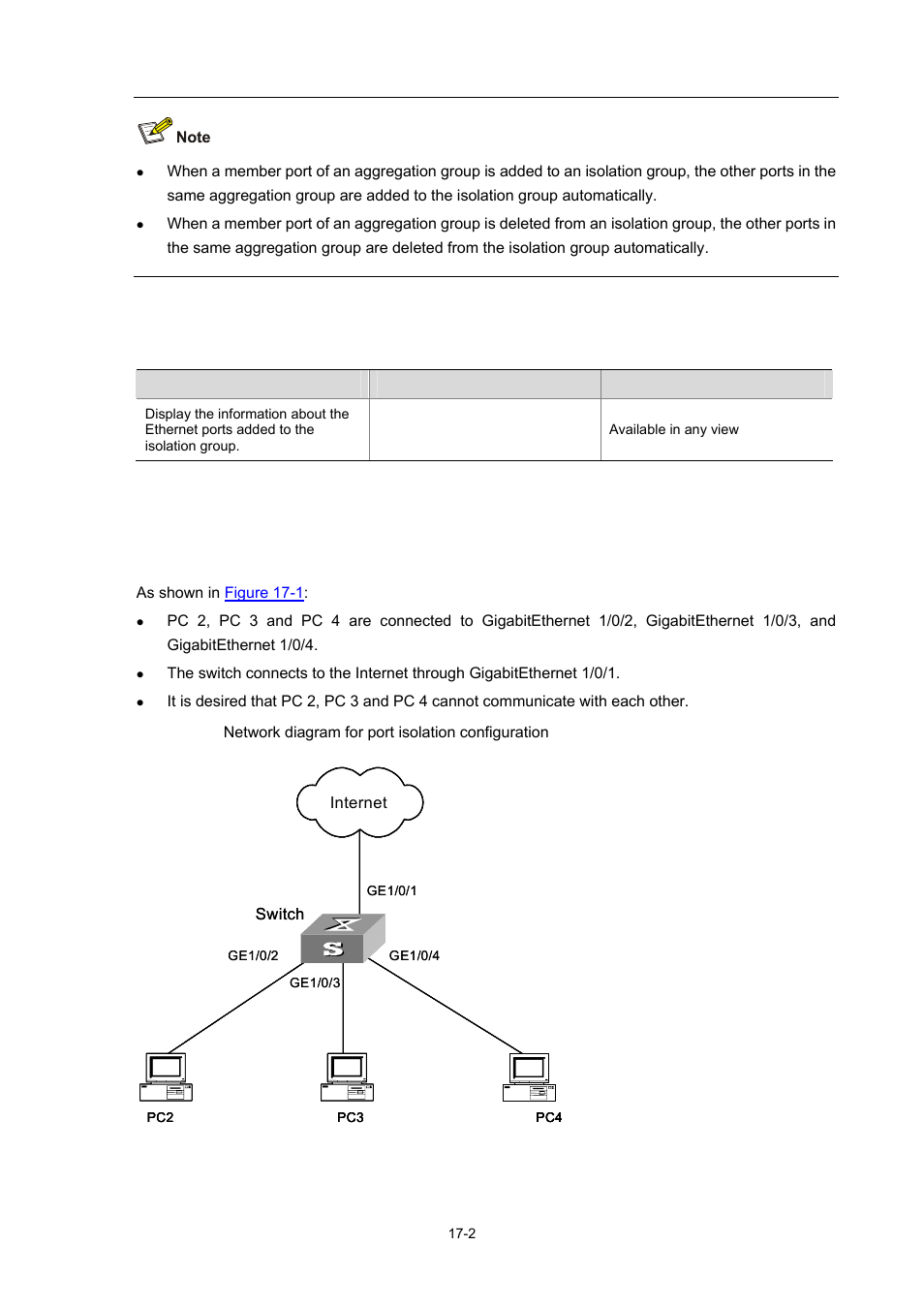 Displaying and maintaining port isolation, Port isolation configuration example, Network requirements | 2 port isolation configuration example | H3C Technologies H3C WX3000 Series Unified Switches User Manual | Page 140 / 686
