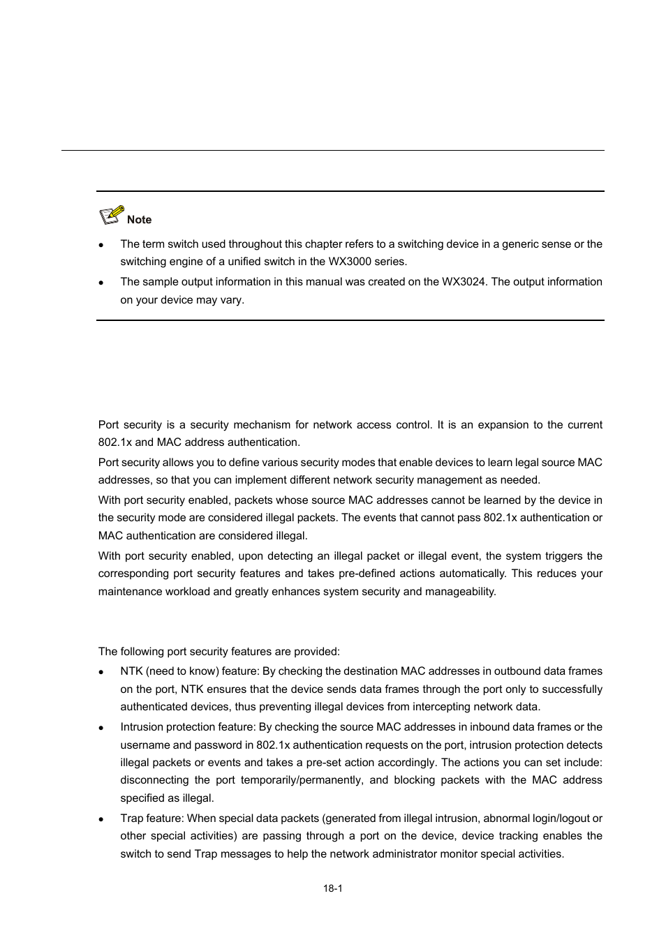 18 port security configuration, Port security overview, Introduction | Port security features, 1 port security features, Port security configuration | H3C Technologies H3C WX3000 Series Unified Switches User Manual | Page 142 / 686