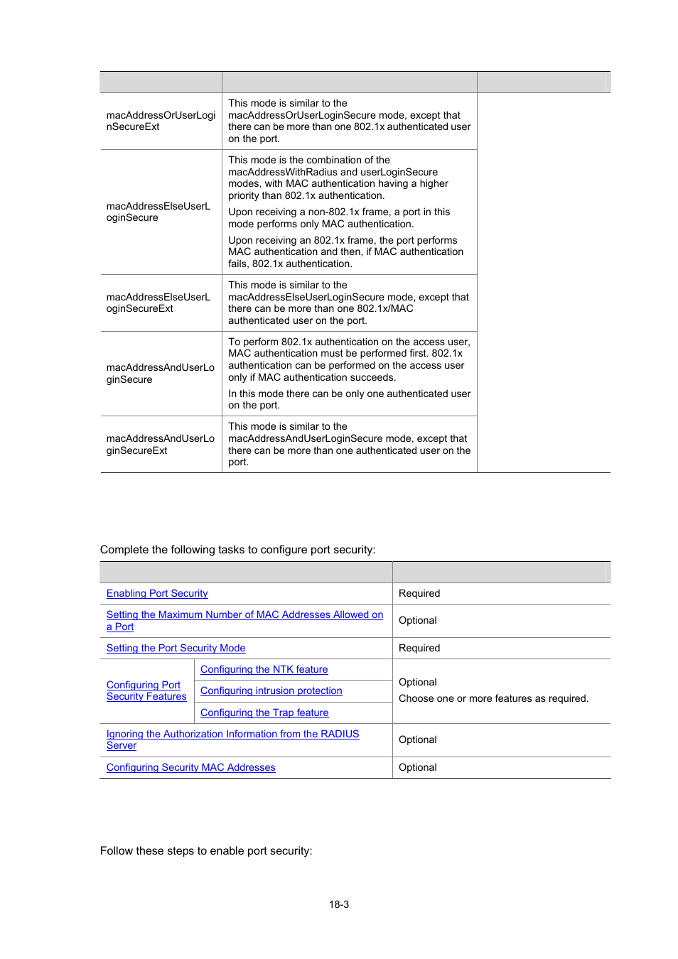 Port security configuration, Enabling port security | H3C Technologies H3C WX3000 Series Unified Switches User Manual | Page 144 / 686