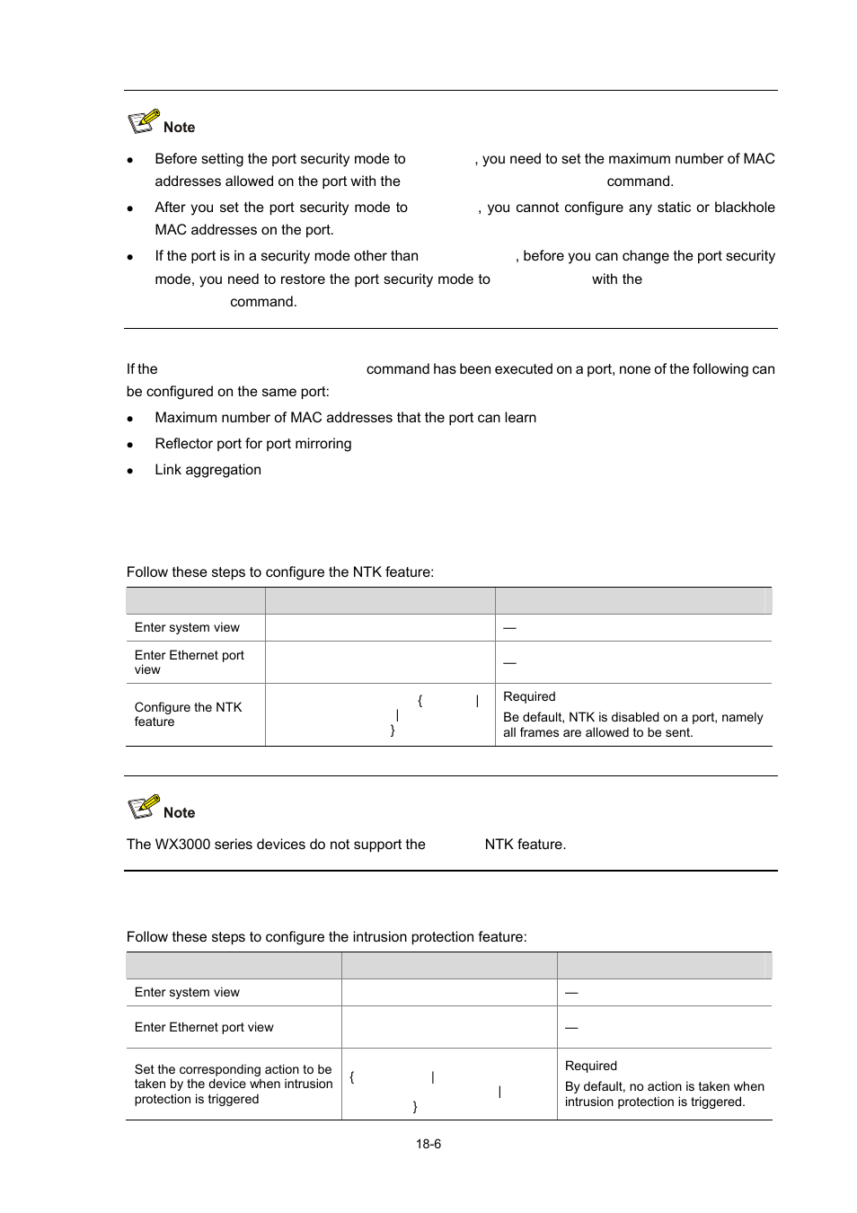 Configuring port security features, Configuring the ntk feature, Configuring intrusion protection | H3C Technologies H3C WX3000 Series Unified Switches User Manual | Page 147 / 686