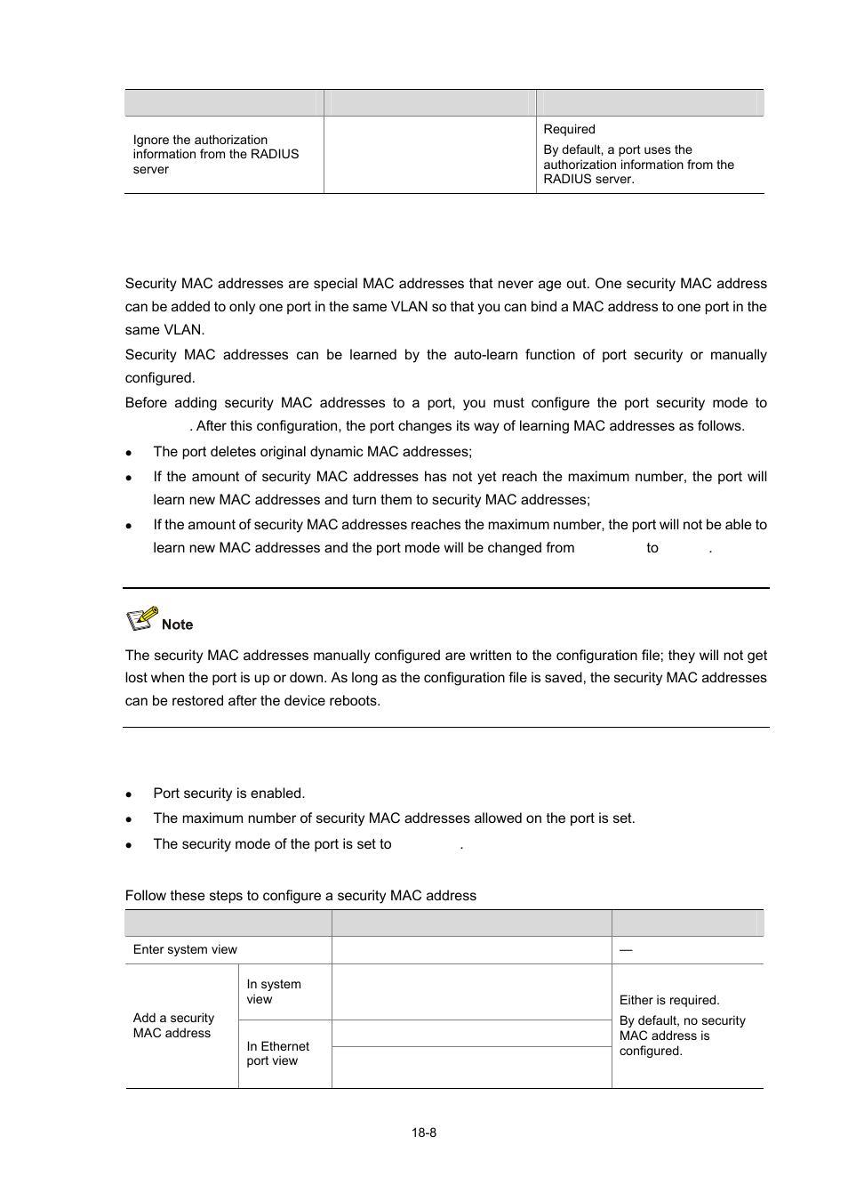 Configuring security mac addresses, Configuration prerequisites, Configuration procedure | Configuring security mac addresses -8 | H3C Technologies H3C WX3000 Series Unified Switches User Manual | Page 149 / 686
