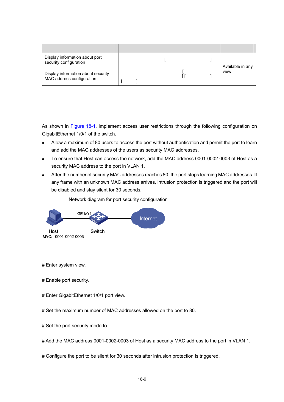 Port security configuration example, Network requirements, Configuration procedure | H3C Technologies H3C WX3000 Series Unified Switches User Manual | Page 150 / 686