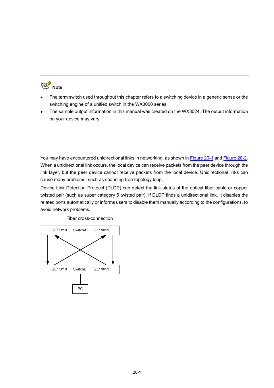 20 dldp configuration, Dldp overview, Dldp configuration | H3C Technologies H3C WX3000 Series Unified Switches User Manual | Page 154 / 686