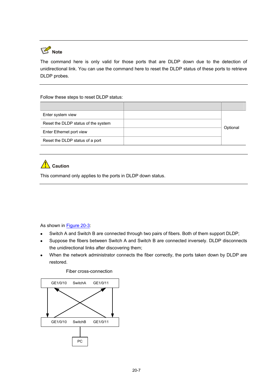 Resetting dldp status, Dldp network example, Network requirements | H3C Technologies H3C WX3000 Series Unified Switches User Manual | Page 160 / 686