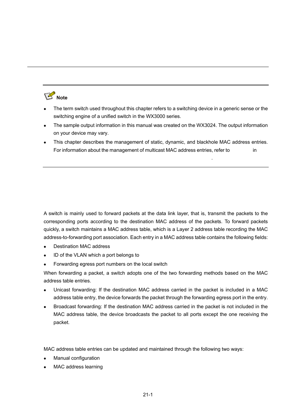 21 mac address table management, Overview, Introduction to mac address table | Introduction to mac address learning, Mac address table management | H3C Technologies H3C WX3000 Series Unified Switches User Manual | Page 162 / 686