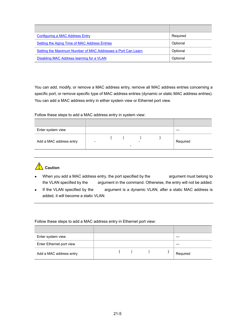 Configuring a mac address entry, Adding a mac address entry in system view, Adding a mac address entry in ethernet port view | Configuring a mac address entry -5 | H3C Technologies H3C WX3000 Series Unified Switches User Manual | Page 166 / 686