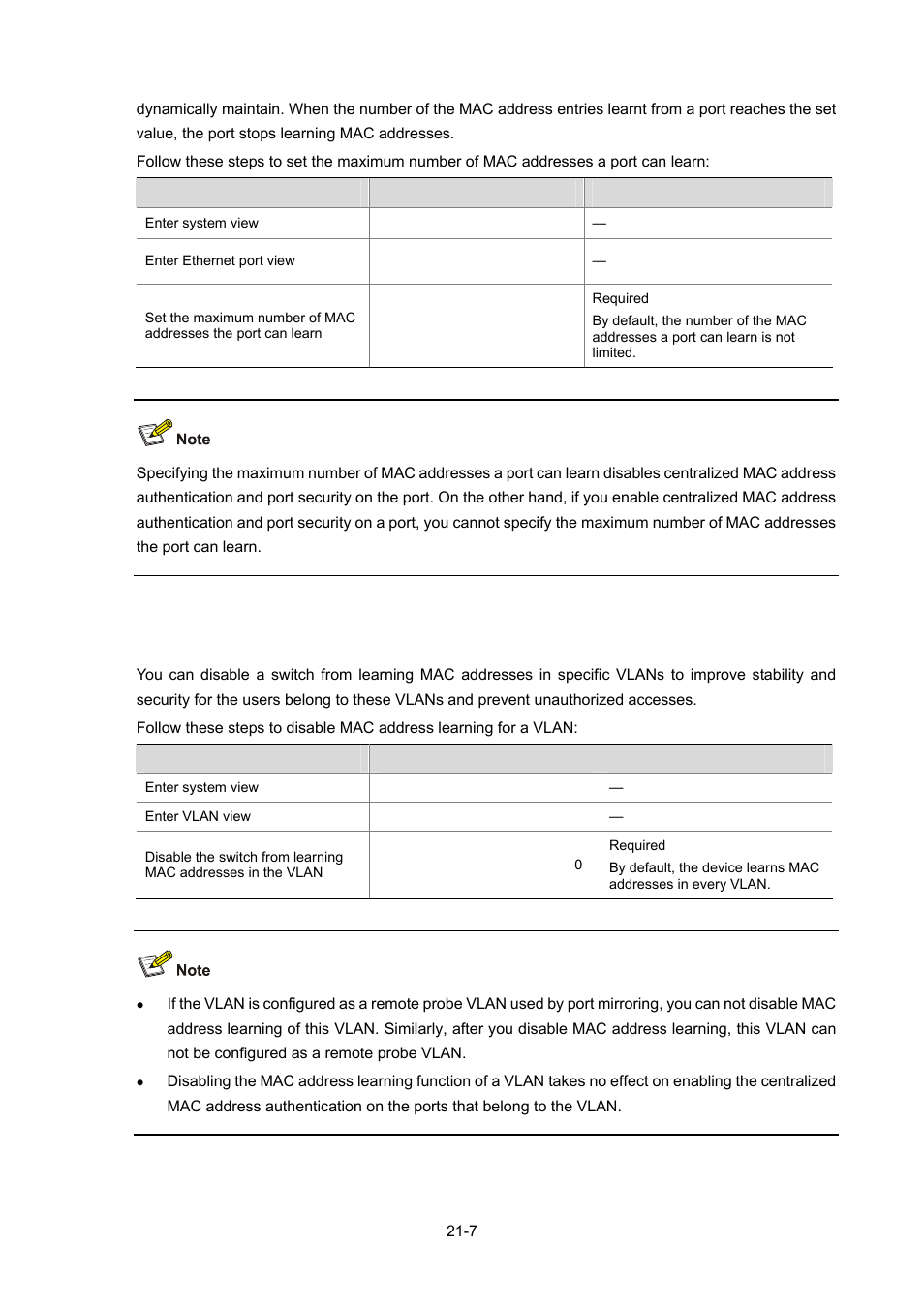 Disabling mac address learning for a vlan, Disabling mac address learning for a vlan -7 | H3C Technologies H3C WX3000 Series Unified Switches User Manual | Page 168 / 686