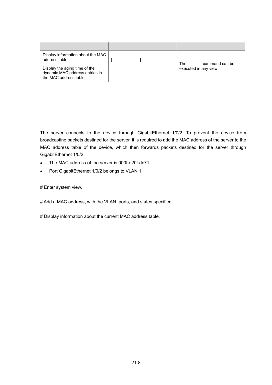 Displaying and maintaining mac address table, Configuration example, Adding a static mac address entry manually | Network requirements, Configuration procedure, Adding a static mac address entry manually -8 | H3C Technologies H3C WX3000 Series Unified Switches User Manual | Page 169 / 686