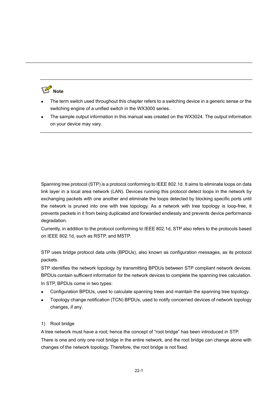 22 mstp configuration, Stp overview, Functions of stp | Protocol packets of stp, Basic concepts in stp, Mstp configuration | H3C Technologies H3C WX3000 Series Unified Switches User Manual | Page 170 / 686