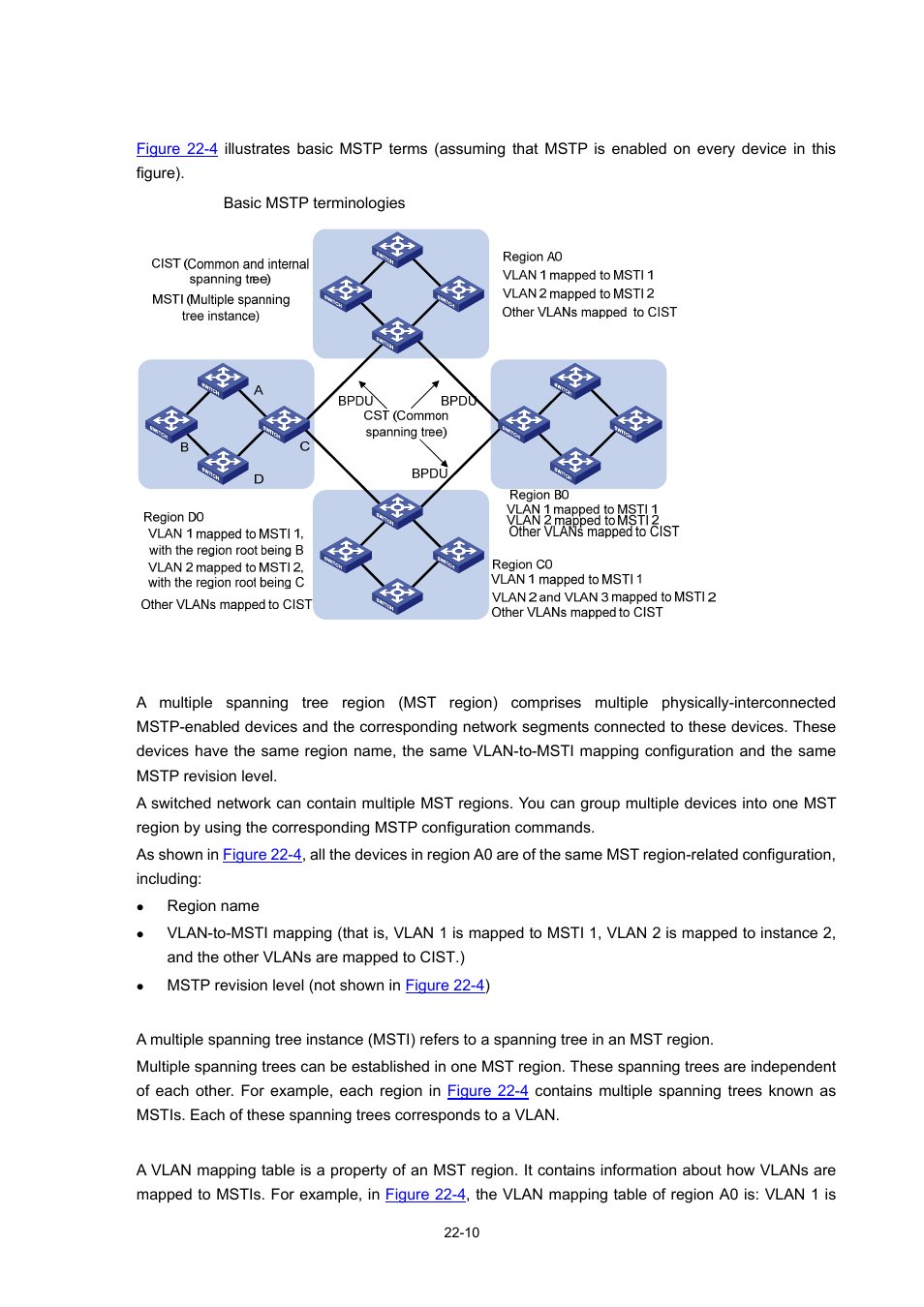Basic mstp terminologies, Mst region, Msti | Vlan mapping table | H3C Technologies H3C WX3000 Series Unified Switches User Manual | Page 179 / 686