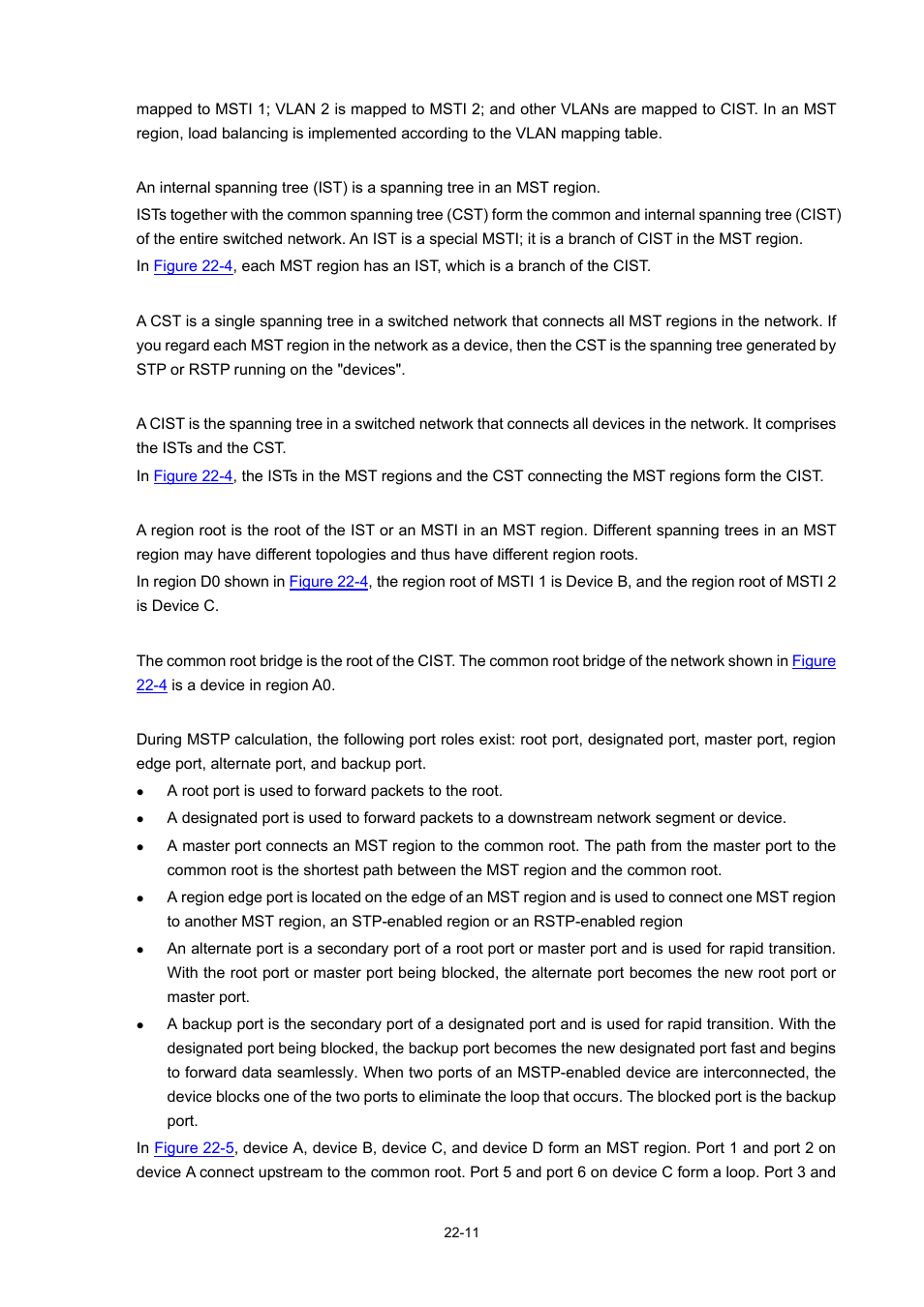 Cist, Region root, Common root bridge | Port role | H3C Technologies H3C WX3000 Series Unified Switches User Manual | Page 180 / 686